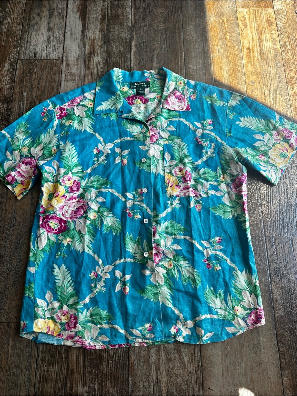 Lauren Ralph Lauren Linen Hawaiian Floral Tropical Button Up Shirt Womens 6